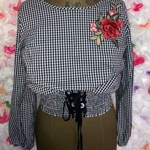 Long sleeve checkered print lace up top